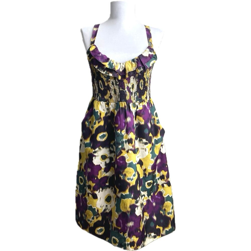ANTHROPOLOGIE MAEVE 100% Silk Smocked Babydoll Floral Sleeveless Mini Dress SZ S